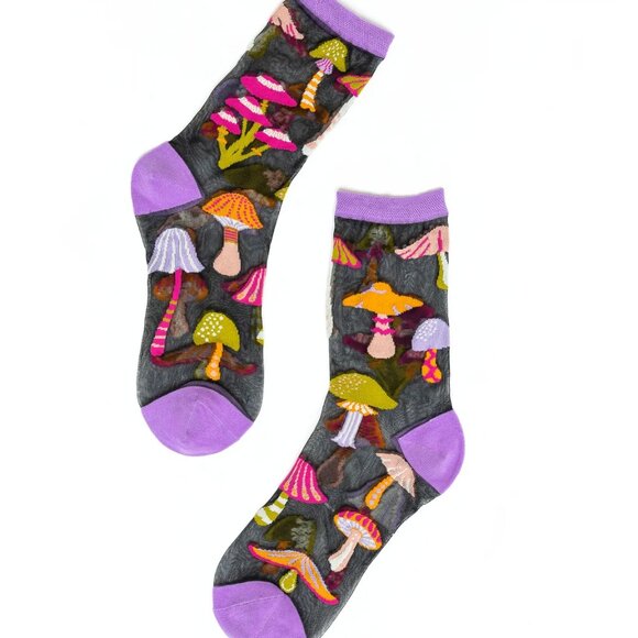 Magic Mushrooms Black Sheer Crew Sock by Sock Candy - Picture 3 of 6